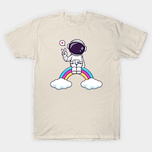 Cute Astronaut Sitiing On Rainbow With Peace Sign Cartoon T-Shirt